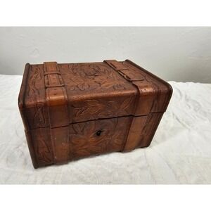 Vintage Swiss Black Forest Hand Carved Linden Wood Jewelry Box Trunk Chest 1920s